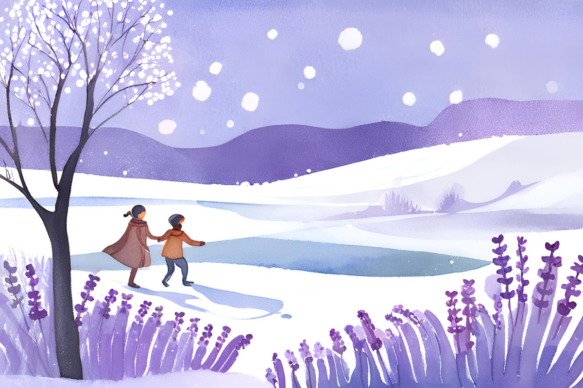 In this graphics two people are ice skating with snow falling on them. Trees and surroundings are all white with snow. Violets are abandant.